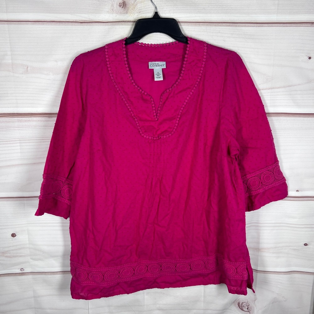 Liz & Me Catherines Blouse Womens 1X Pink Swiss Dot Lace Trim V-Neck Cotton‎ Top
